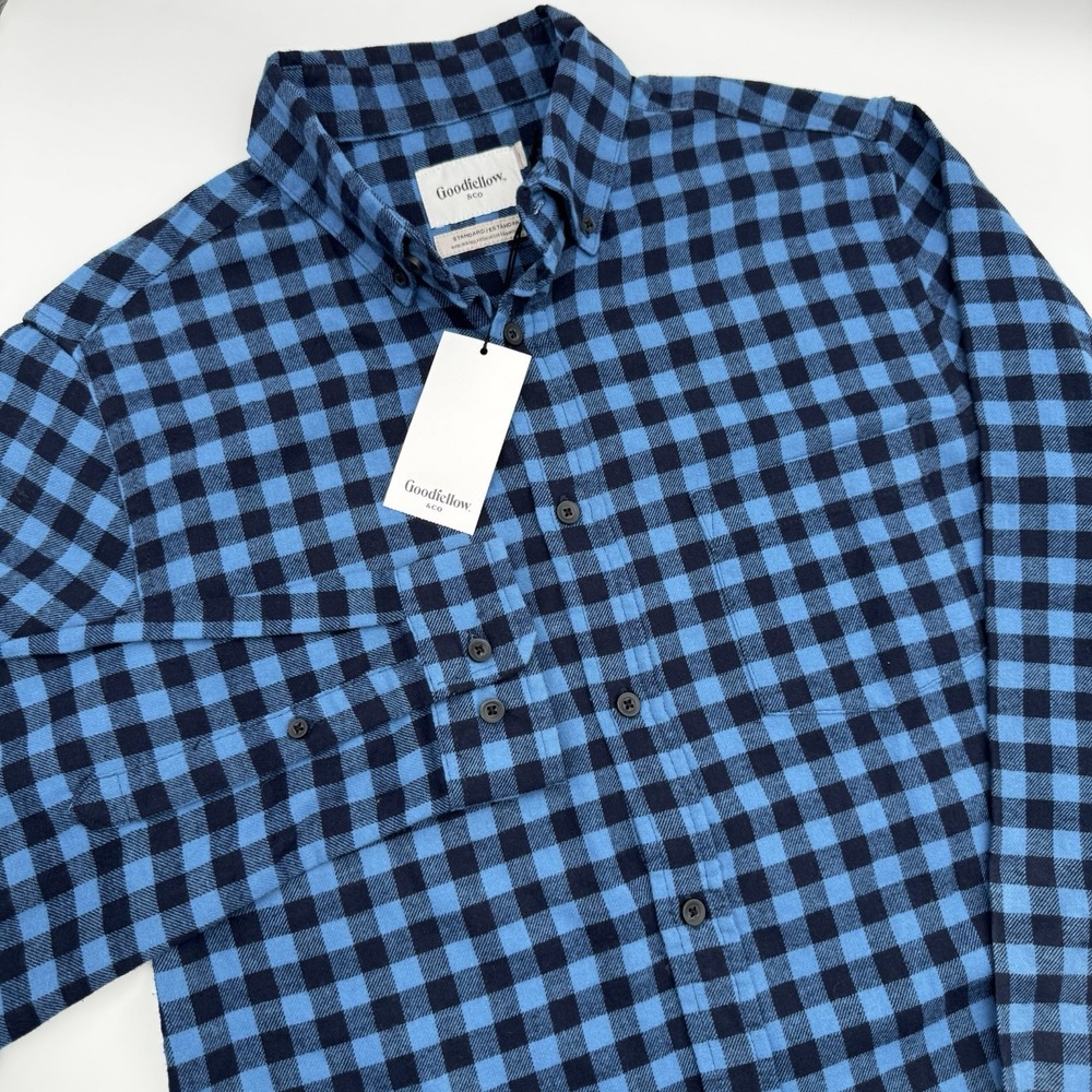 Goodfellow Co Men Medium Hoya Blue Black Mini Check Flannel Shirt Long Sleeve